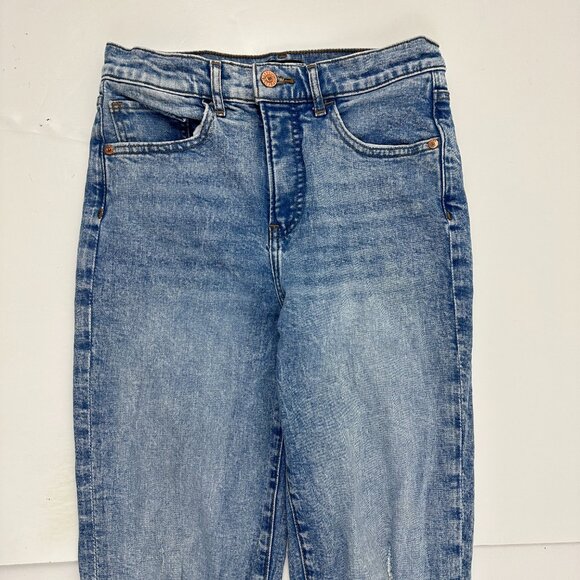 Express Curvy Mom Super High Rise Distressed Raw Hem Women's size 4 Blue Jeans - Picture 2 of 5